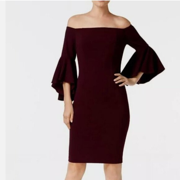 Calvin KLEIN PLUM OFF THE SHOULDER BELL FLUTTER SLEEVE MIDI SHEATH DRESS - 10 - Picture 1 of 10